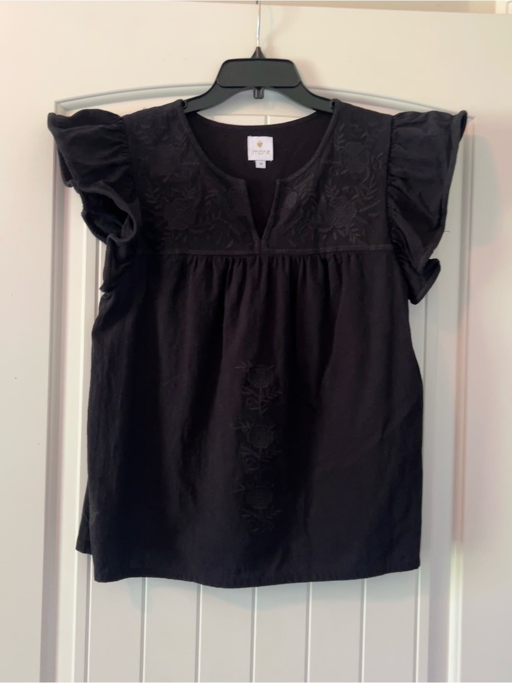 J Marie Women Boho Black Flower Embroider Top Ruffle Sleeve Blouse Cotton Medium